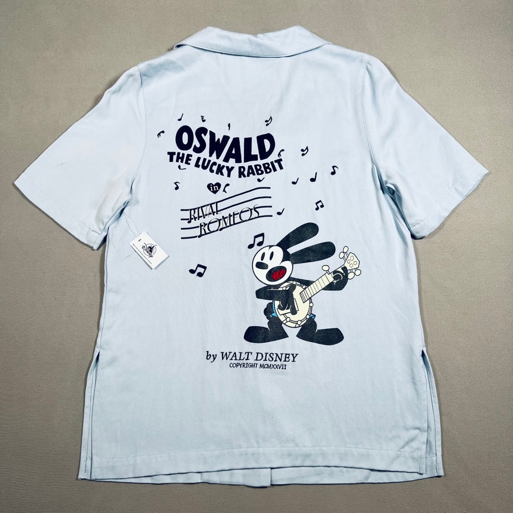 Disney Oswald The Lucky Rabbit in Rival Romeos Button Up Camp Shirt Blue XS NEW